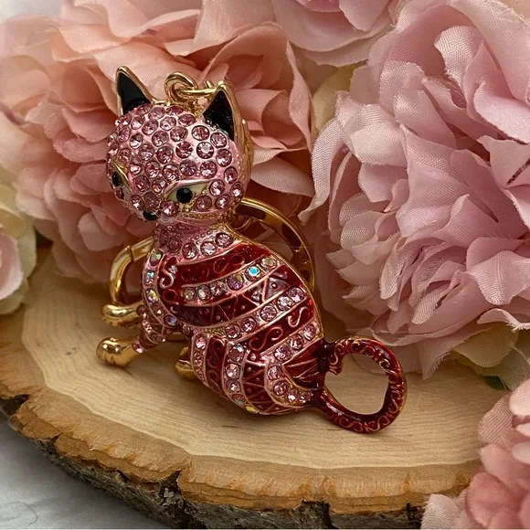 Pink Striped Crystal Egyptian Tabby Cat Keychain Charm - Picture 7 of 16